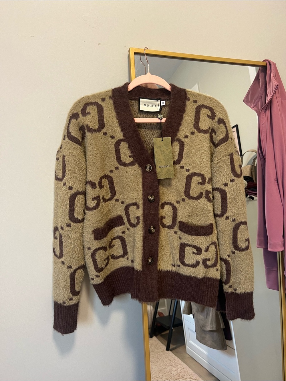 Gucci Beige and Brown GG Mohair Cardigan
